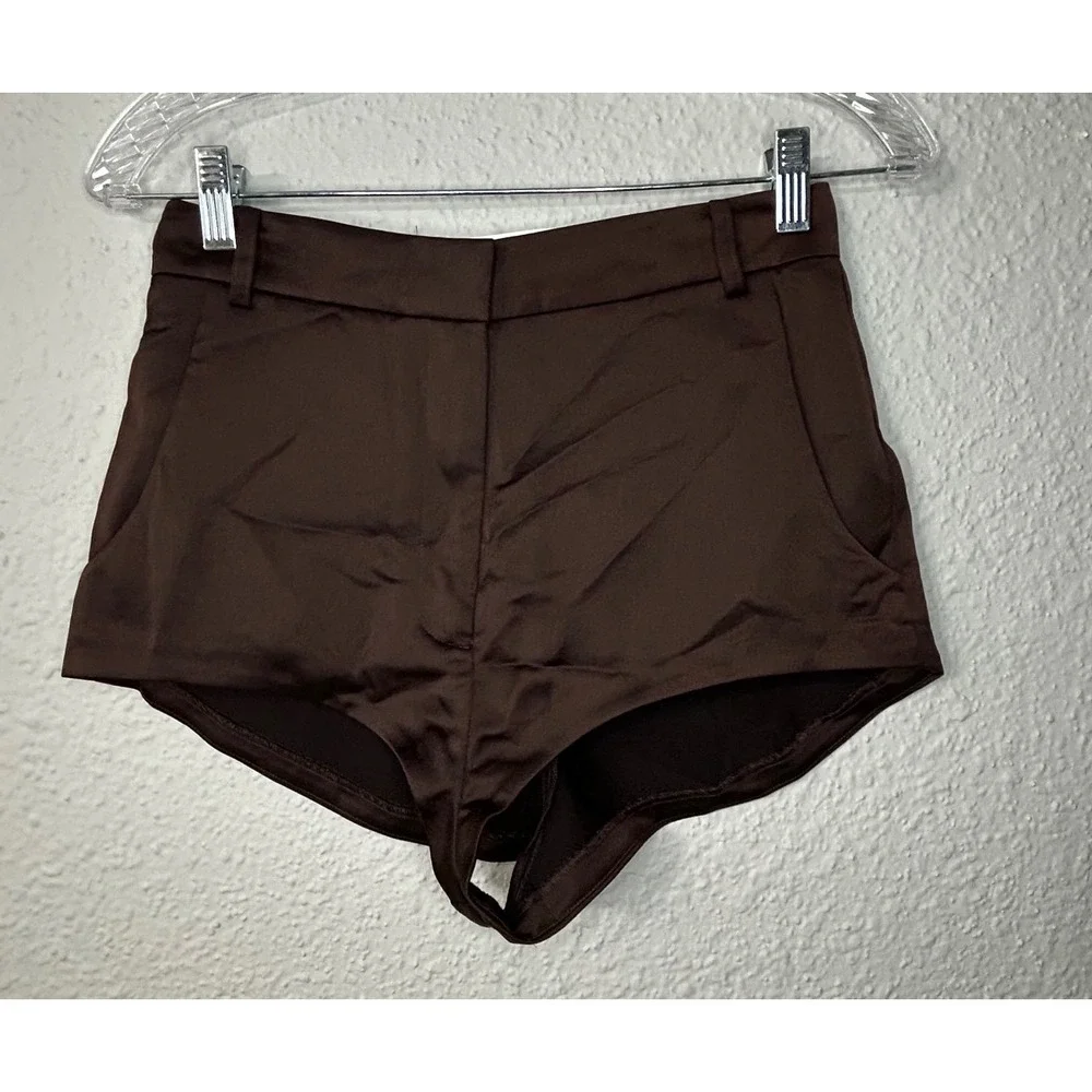SANS FAFF Satin Hot Pants Espresso Brown High Waisted Shorts 51388 Small NWT